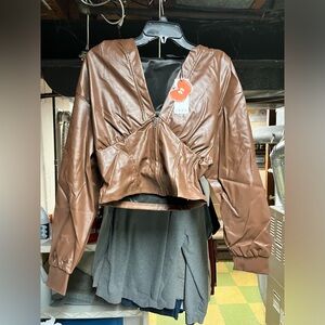 NWT Cider Brown Faux Leather Zipper Corset Hoodie Size Large